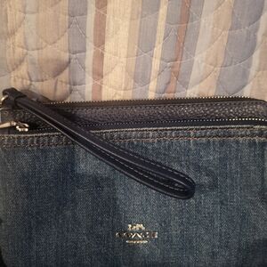 Coach Blue Denim Wristlet with Black Strap Double Zip Compartments